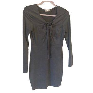 Y2K Blue Blush Tie Front Fitted Gray Mini Dress Faux Suede Long Sleeves Medium